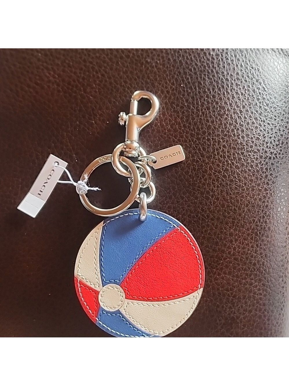 Coach Round Leather Beachball Keychain Bag Charm in Red, Blue & Cream NWT - Picture 4 of 7